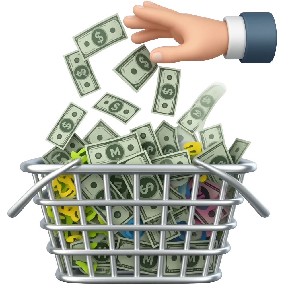 Hand throwing monochromatic silver "M" bills into a full metallic silver basket. Vibrantly colored accents on basket/background. Isolated high-res render. emoji
