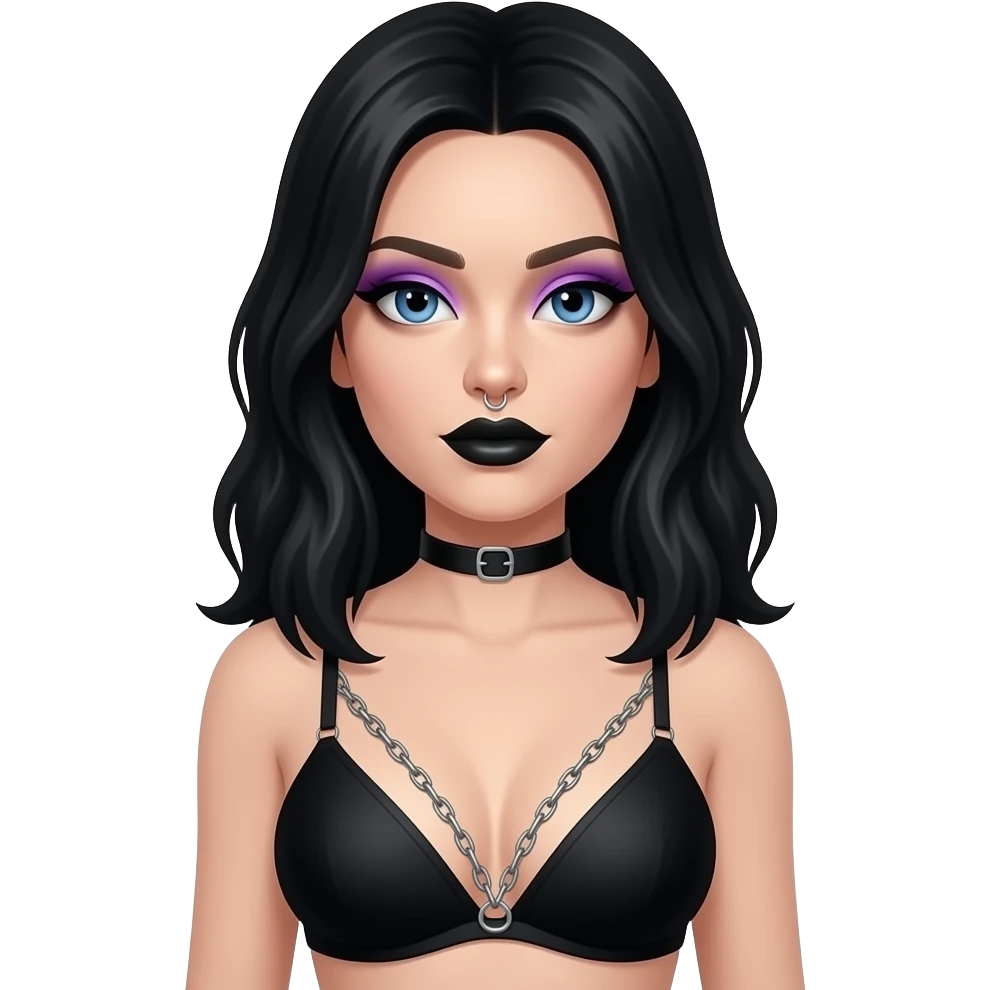 Woman with long black choker nose piercing with black hair and  blue eyes and black lipstick and purple eye shadow wearing a black bra and chains that form V in the middle of the bra emoji