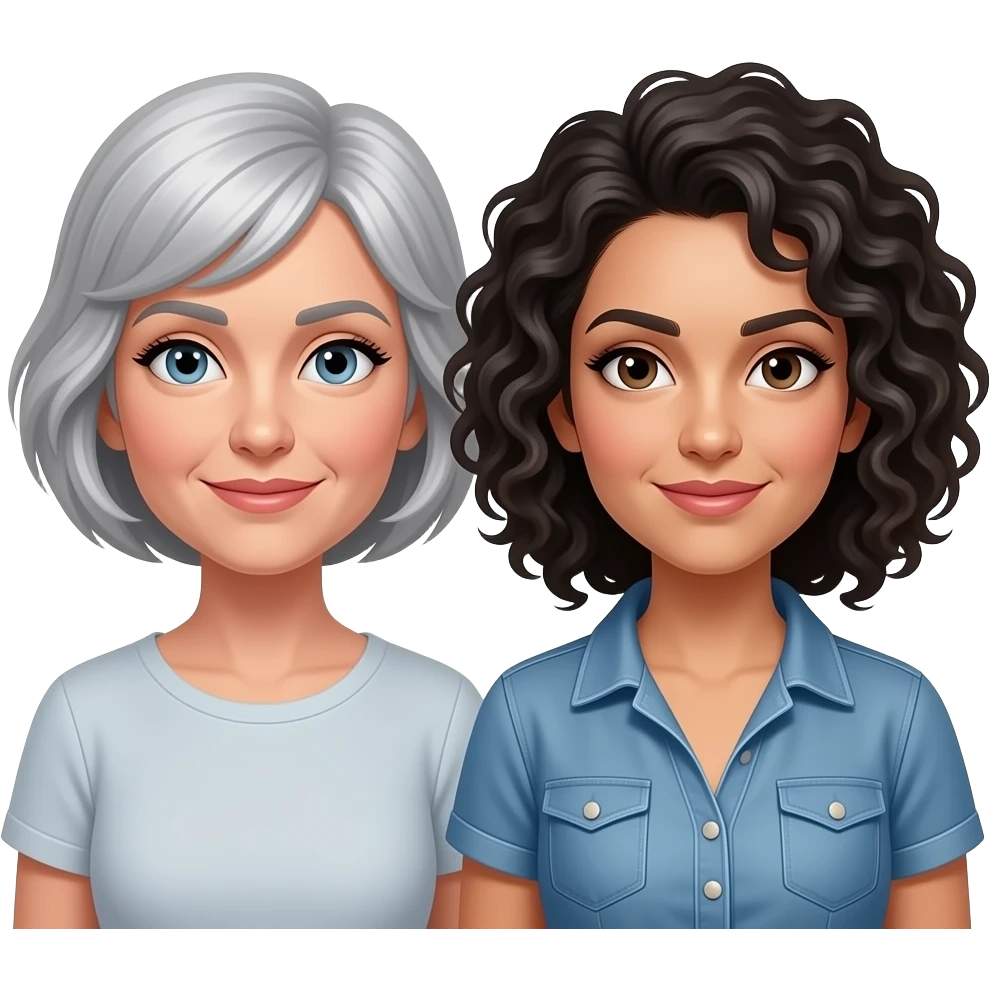 Emoji of 2 women 1 white middle aged with very short grey hair and 1 Lebanese with wild curly black/grey hair who are married emoji