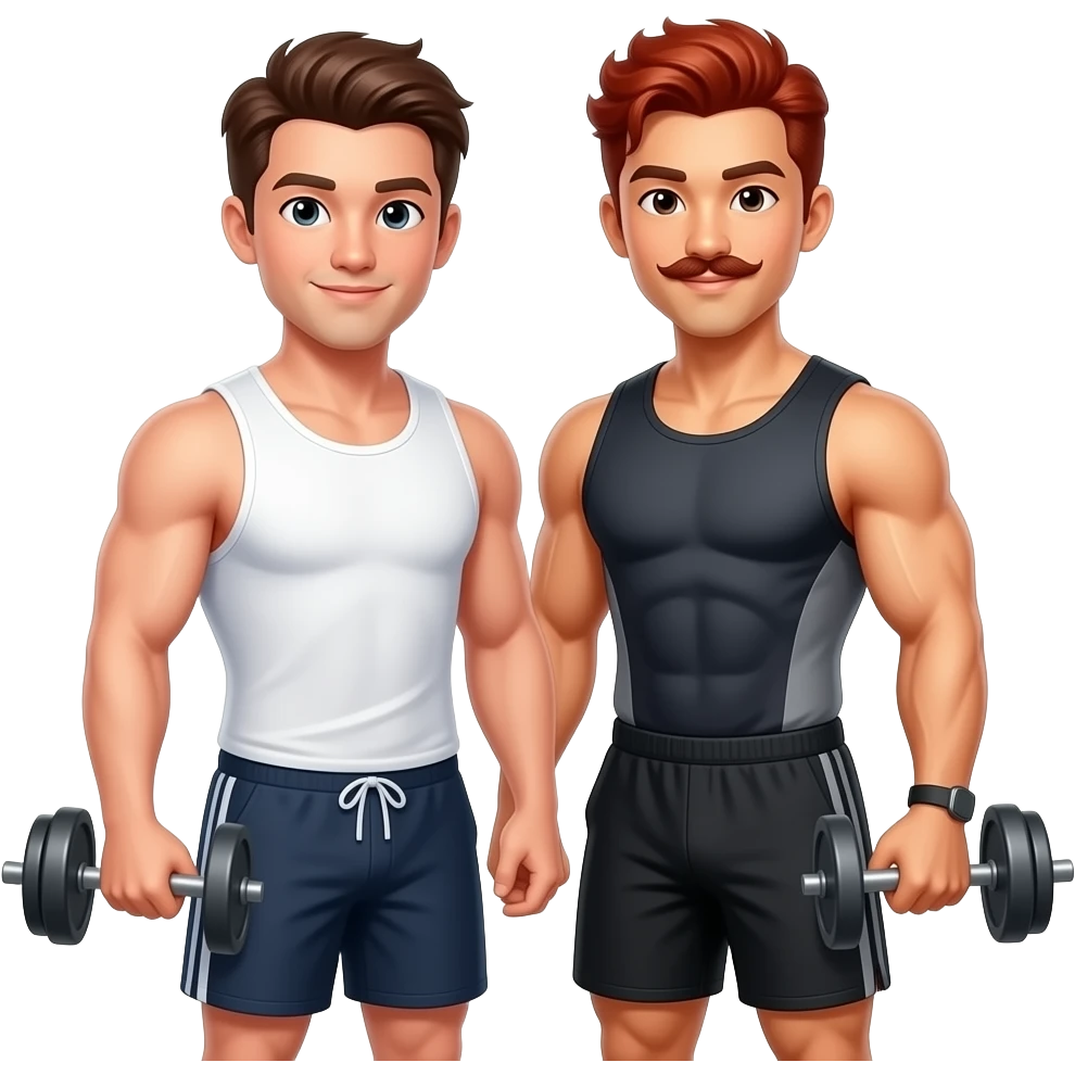 Gay couple, one white guy with brown hair in a tank top and short shorts, one muscular Asian man with great hair in a gym outfit, and one redhead with a mustache. emoji