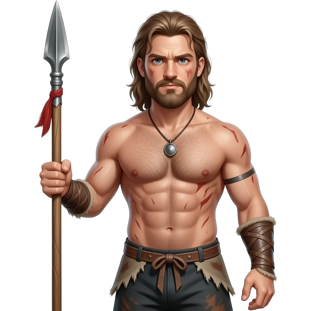 Erstelle ein Portrait von einem nackten, sexy und behaarten, wilden Mann  mit ländenshorts und einem Speer in der Hand  …seine Haut  ist dreckig und verschwitzt emoji