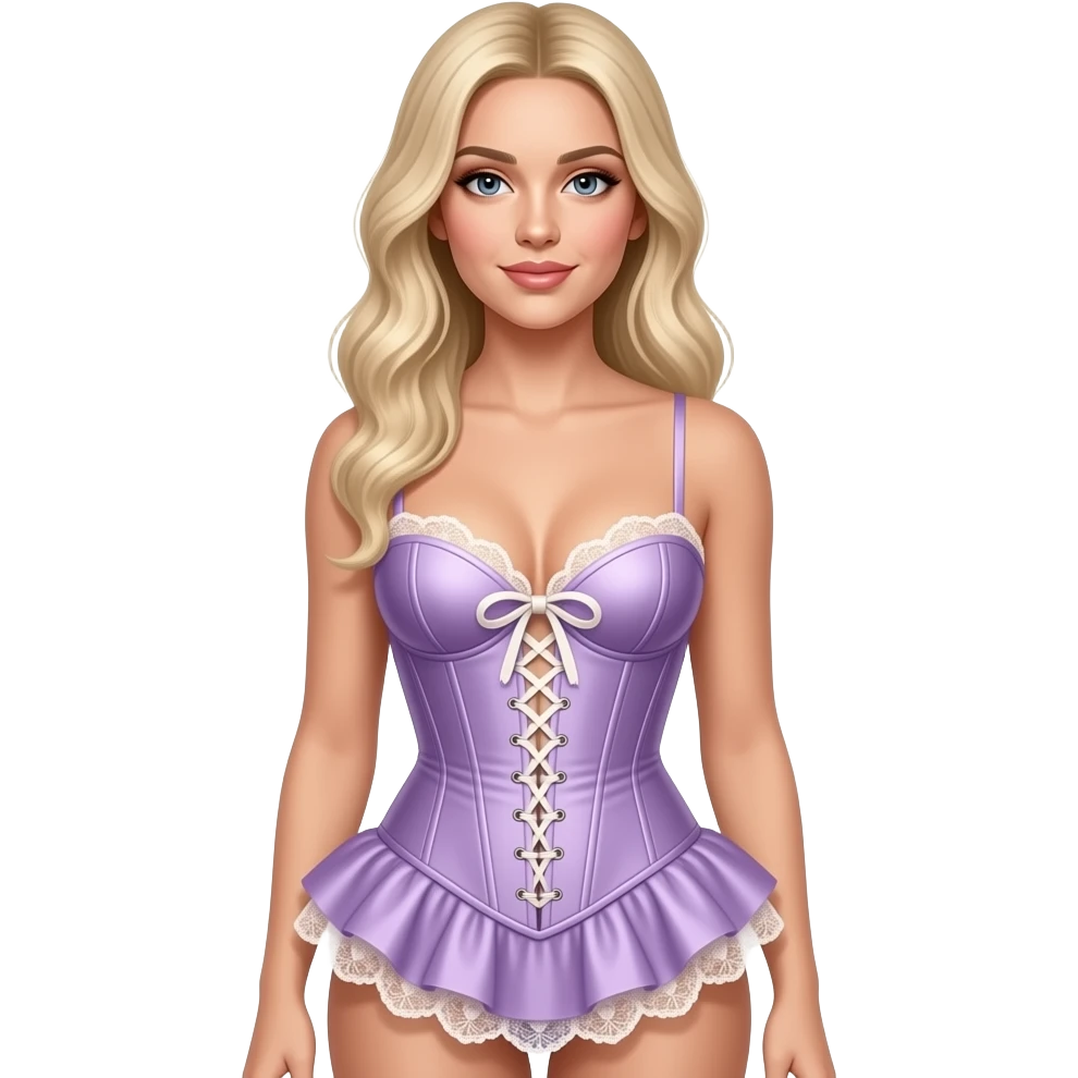 Madonna wearing lilac satin corset with structured boning and a sweetheart neckline, paired with a matching lace-trimmed ruffled hem with Sabrina carpenter blonde hair wearing cream-colored bodysuit with a knotted satin bust and an intricate lace torso adorned with subtle shimmer. emoji
