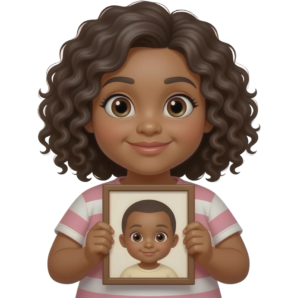 Brown chubby asian women with large eyes with curly hair holding a brown baby emoji