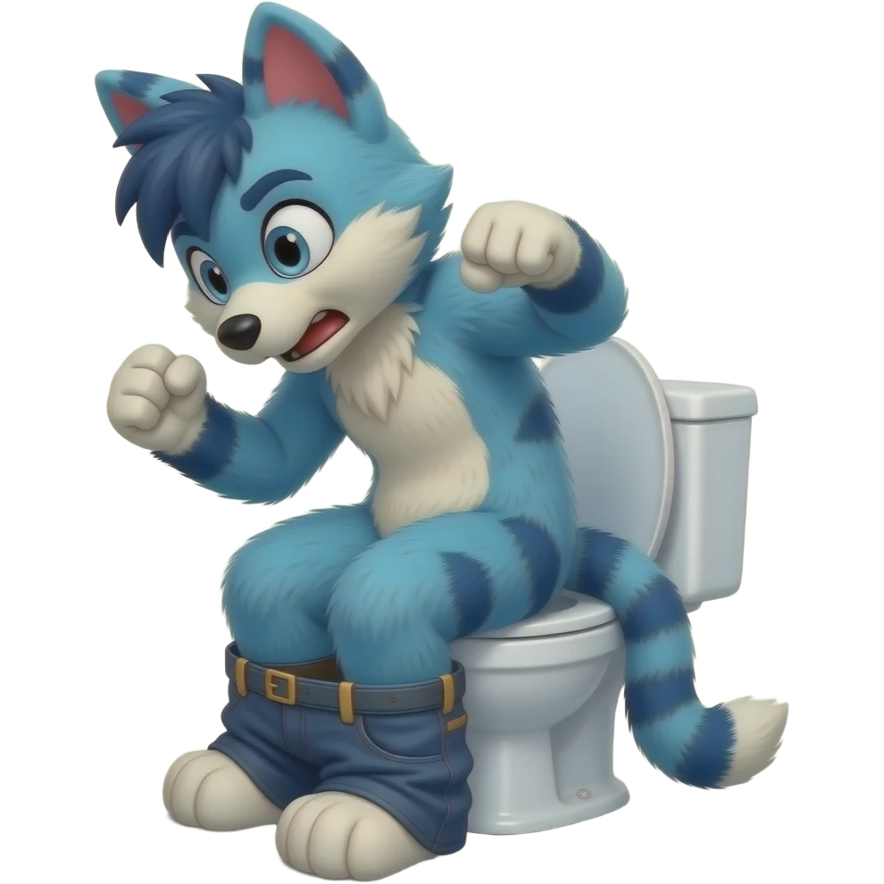 blue fursuit sitting on toilet, side view, pants down, straining, red face, both fists emoji
