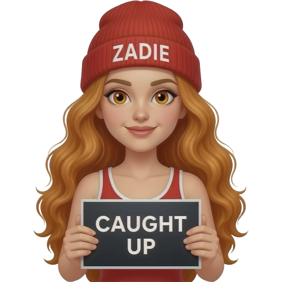 sexy girl with overlong wavy ginger hair and ginger eyes wearing a red tanktop and a red beanie with ZADIE written on it, is holding a black sign with CAUGHT UP written on it emoji