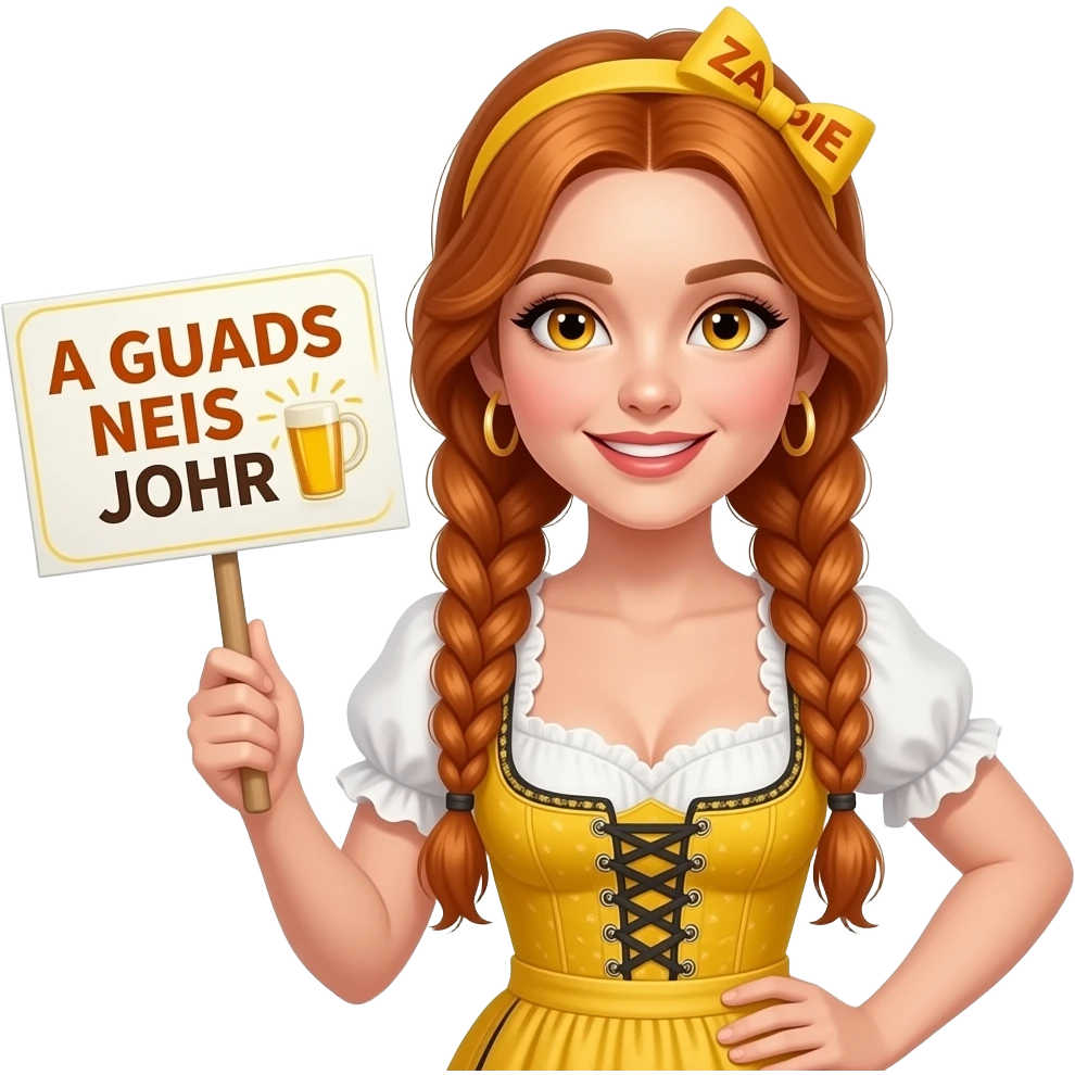 sexy girl with overlong ginger braids and ginger eyes wearing a yellow dirndl and a yellow headband with ZADIE written on it, is holding a sign with A GUADS NEIS JOHR 🥂 written on it emoji