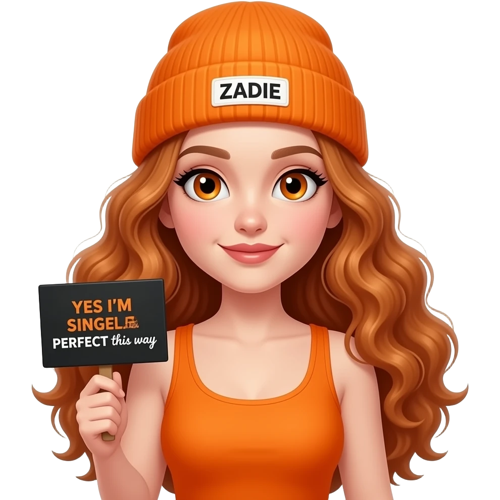 sexy girl with overlong wavy ginger hair and ginger eyes wearing a orange tanktop and a orange beanie with ZADIE written on it, is holding a black sign with YES I'M SINGLE and PERFECT this way written on it emoji