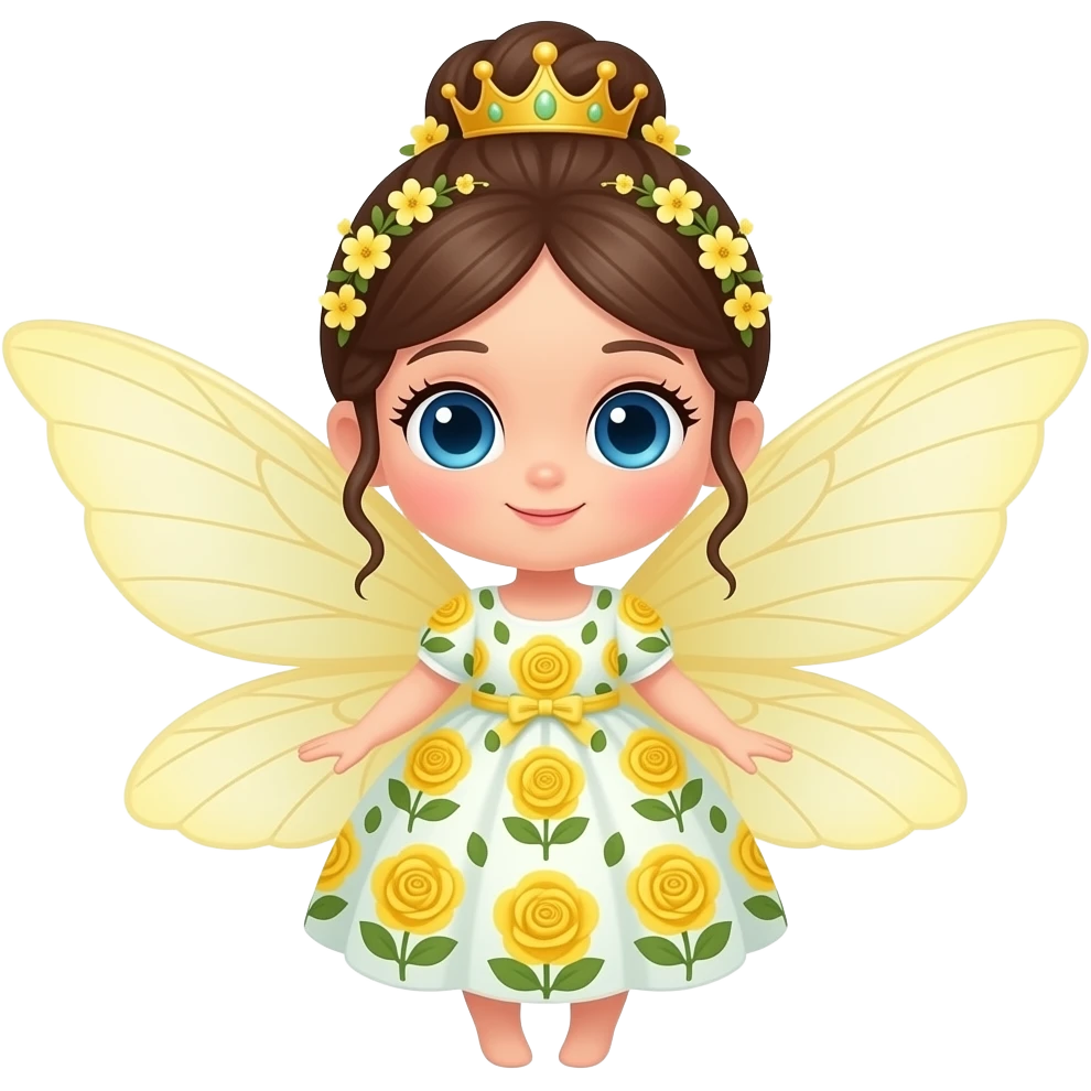 Cute cartoon fairy with large blue eyes, a unique whimsical braided updo adorned with tiny blossoms, wearing a crown of soft yellow flowers and a white dress with yellow and green floral rose patterns inspired by yellow flowers, her translucent light yellow wings spread emoji