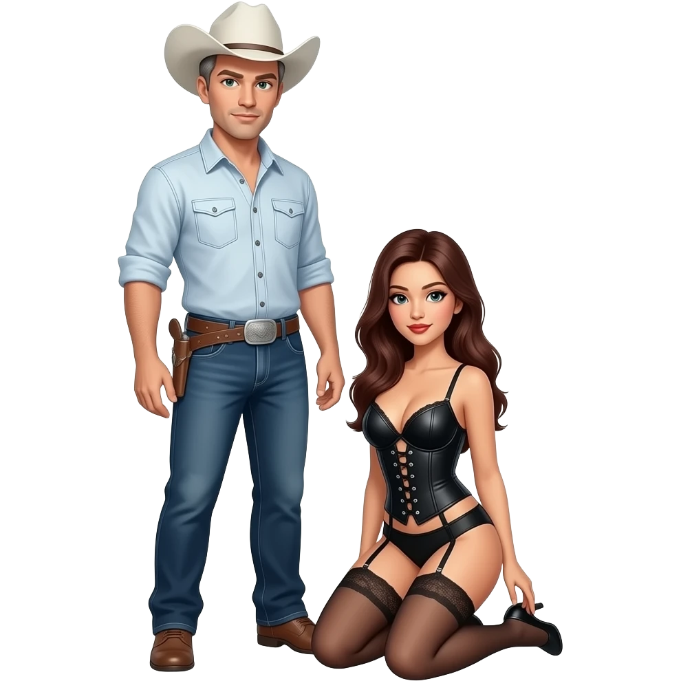 man standing, white skin, short greyish blond hair, greenish eyes, model, cowboy. with gorgeous woman, light tan skin, long auburn hair, side-bangs, black-eyes, lipstick, model, latina, asian, mixed, fullbody black corselet lingerie, kneeling emoji