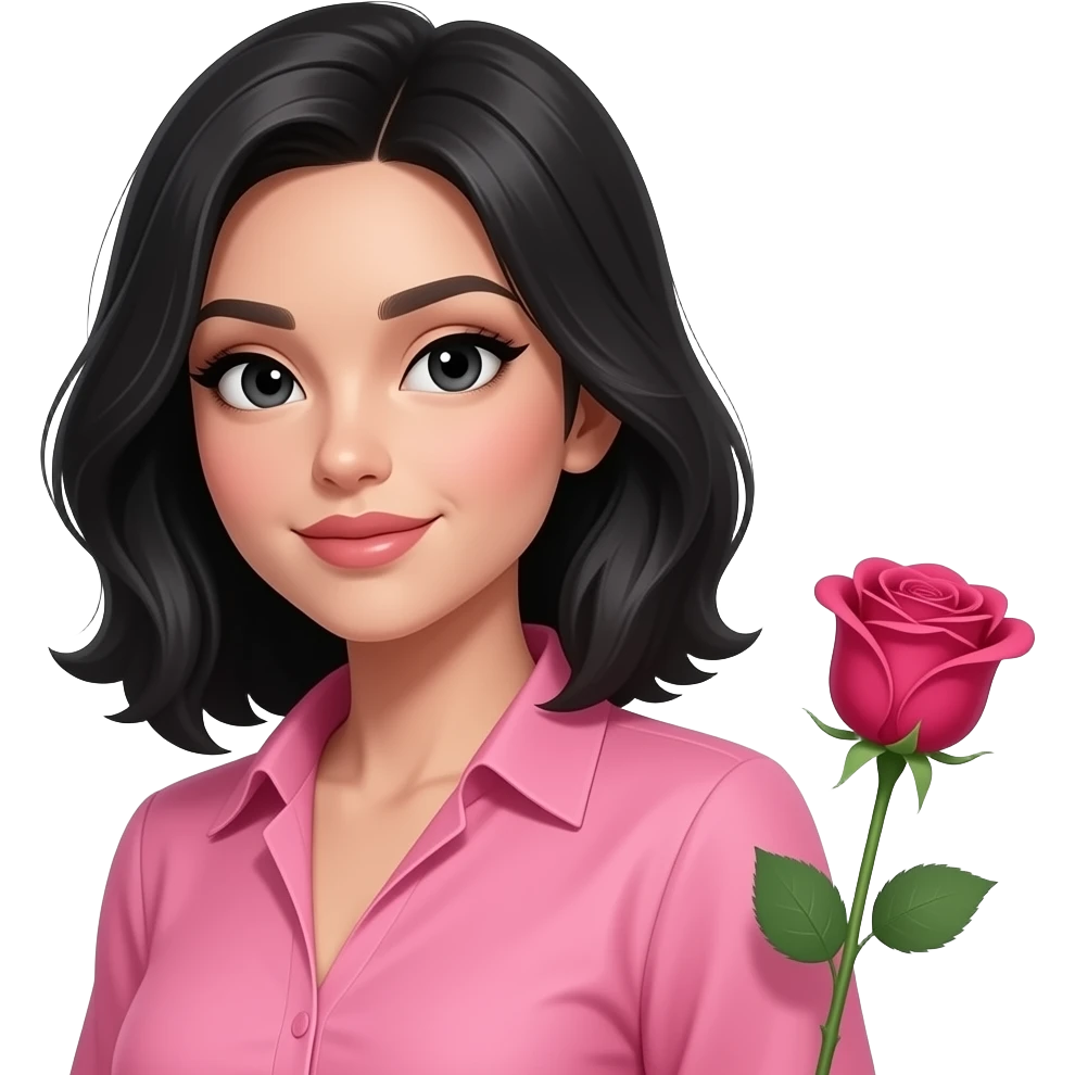 Mulher olhando de lado bem sexy com cabelo na altura do peito. Blusa rosa, cabelo e olhos pretos. Uma rosa na lateral esquerda emoji