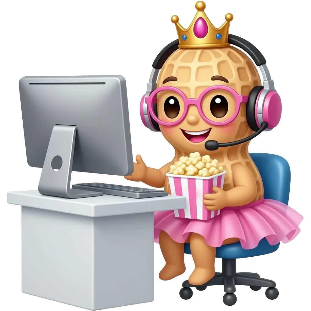 A peanut with a smiling chibi face and pink lips, wearing pink glasses,a princess tiara, and tutu- sitting looking at computer with headset on and holding popcorn emoji