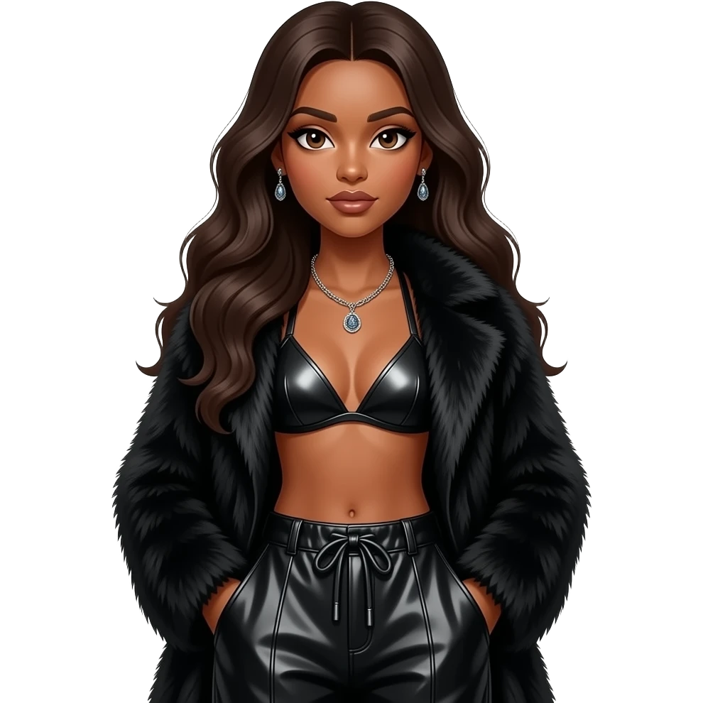 Solange with dark brown eyes, long dark brown hair, black metallic bra, black fur coat, black metallic baggy pants, necklace and earrings emoji