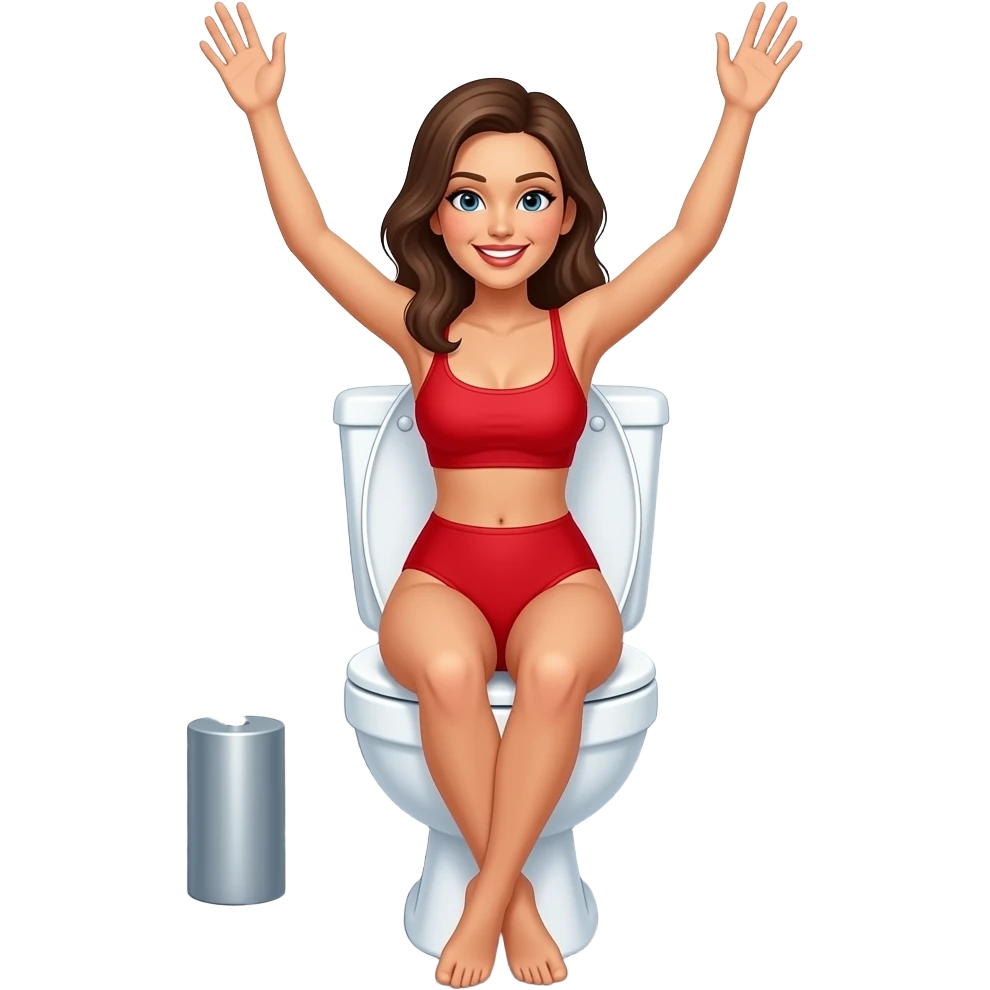 Woman, in 2 piece swimsuit, on toilet, hands up emoji