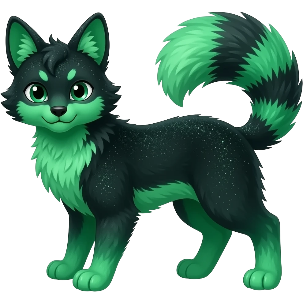 Hyper-realistic forest-hunger-green-emerald-green-onyx-black-gradient velvet fur soaked in stardust glitter sparkles, striped tail, striped back, tufted ears, tufted legs emoji