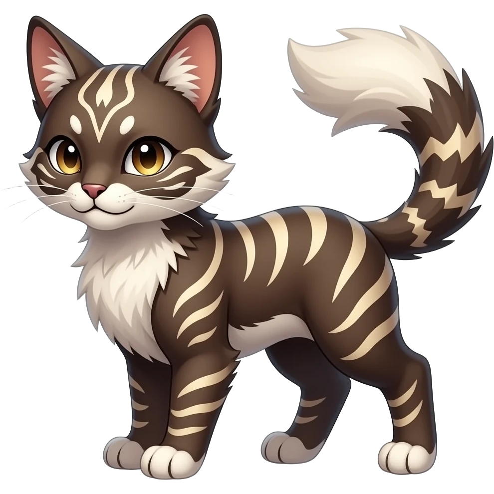 Kawaii dark edgy brown beige white fantasy ethereal feline-vernid-sergal-rocruff-fursona animal creature with a tufted tail full body with intricate markings emoji