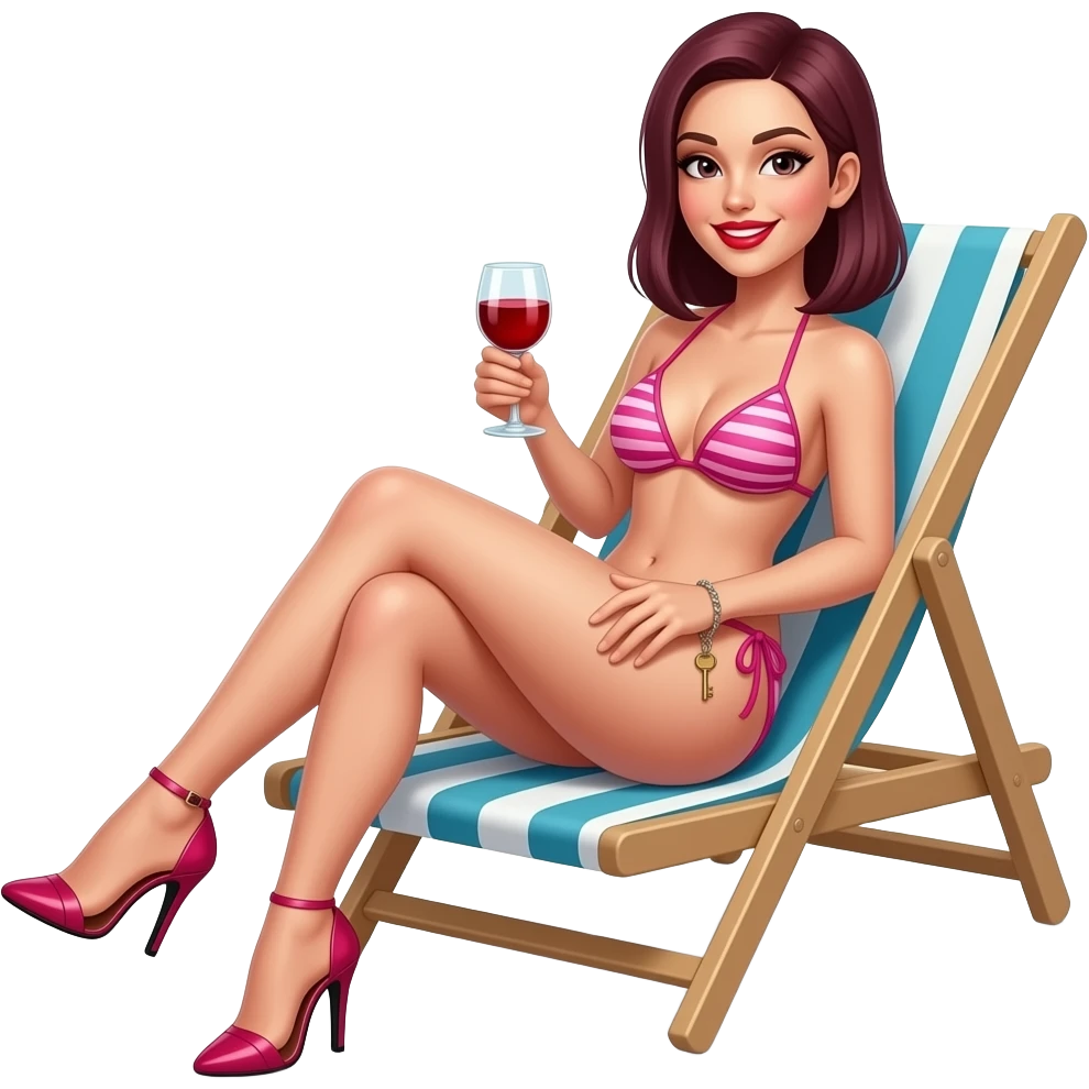 Woman. Burgundy, straight shoulder-length hair, sitting on a sun lounger. baby pink strappy bikini. very high fetish stiletto heels. bright red lipstick. smiling. Anklet with small key dangling off. glass of red wine in one hand. emoji