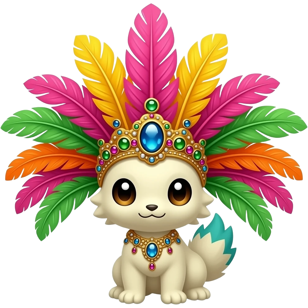 Fakémon-creature with Jamaican carnival feather headpiece, extravagant crown made of long colorful feathers (bright neon pink, orange, yellow, green), decorated with jewels and rhinestones, flat lay on white background, no person, no model, sticker style, emoji style, 1:1 emoji