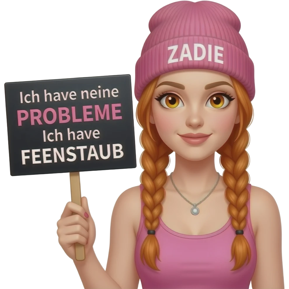 sexy girl with overlong ginger braids and ginger eyes wearing a pink tanktop and a pink beanie with ZADIE written on it, is holding a black sign with Ich habe keine PROBLEME Ich habe FEENSTAUB written on it emoji