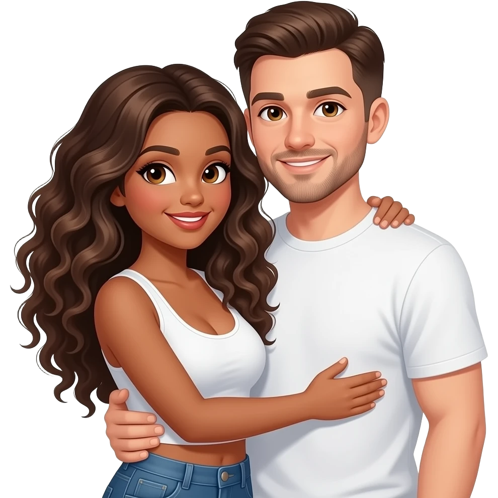 Mixed girl long curly hair big boobs in a short crop top. hugging a white man short brown hair with a short beard with hazel eyes emoji