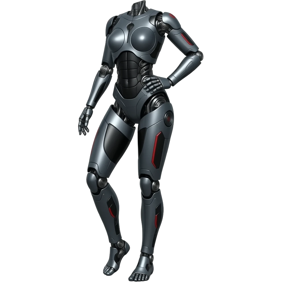 whole body, long shot, Full length, entire body, female robot, realistic, female robot, no human features, no skin, full body, head to toe, sexy pose, made of dark gray steel with black and red markings. emoji
