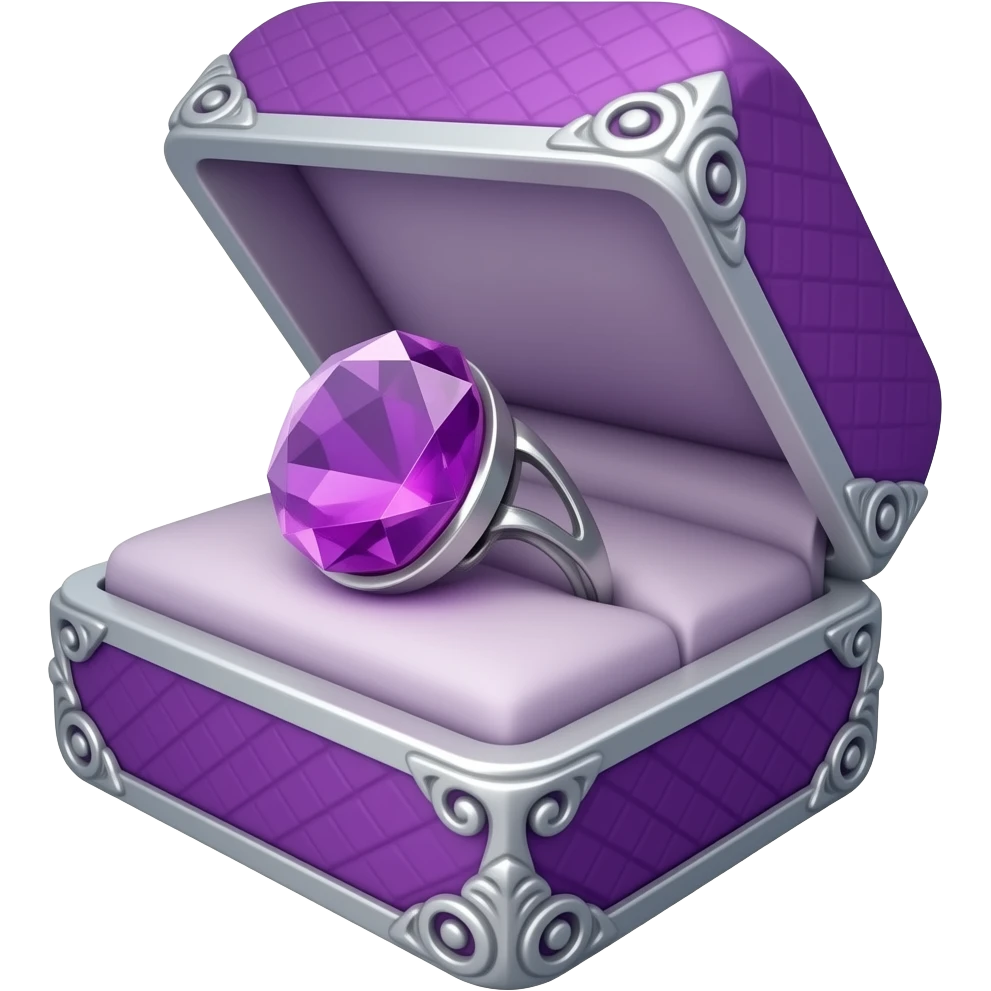 Amethyst ring in a purple box with silver ornate trim emoji