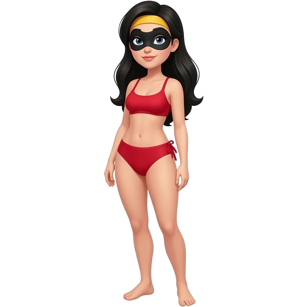 Violet Parr in a red Incredibles 2 piece bathing suit, long black hair, yellow head band, sexy, (fullbody) light skin, black eye mask, curvy body. emoji