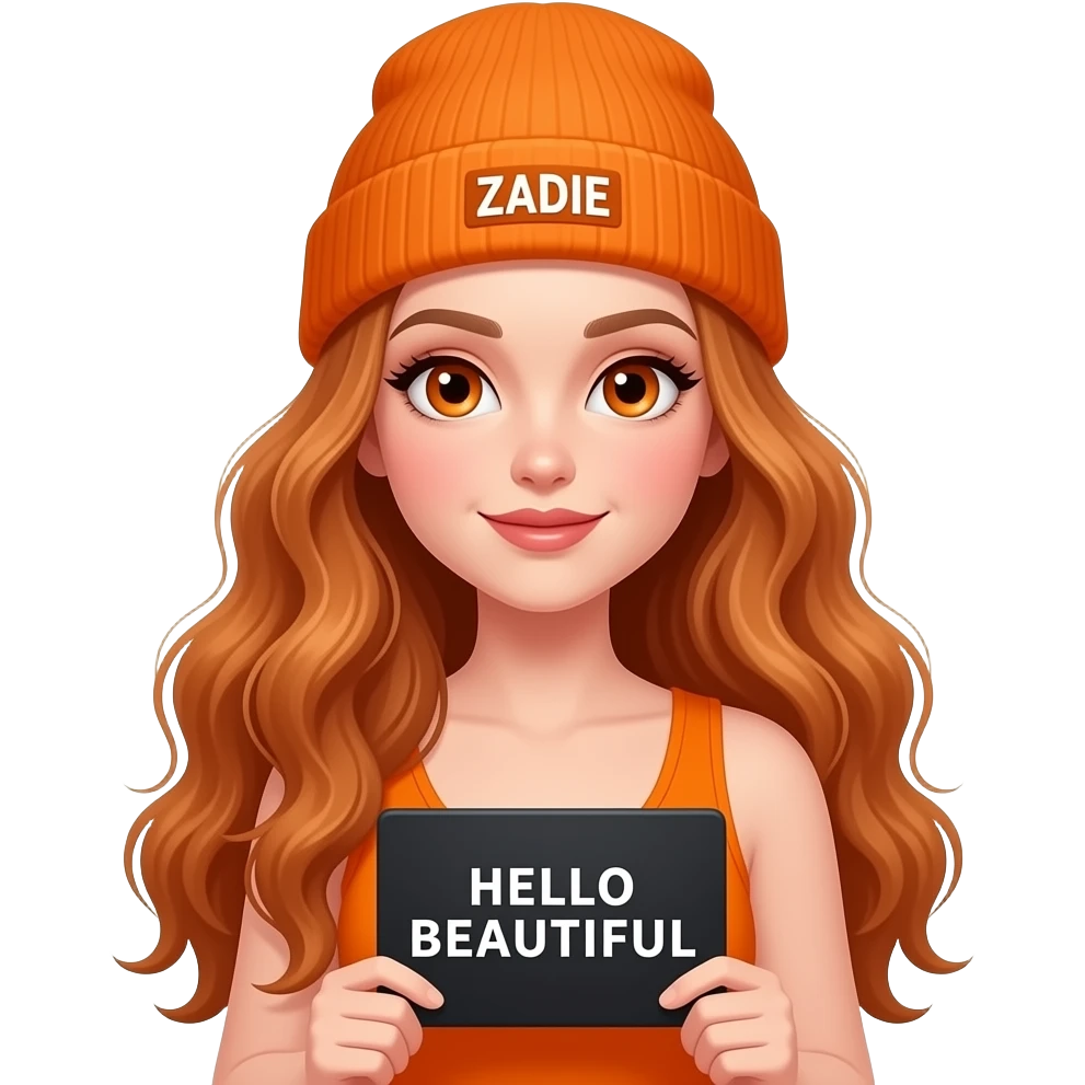 sexy girl with overlong wavy ginger hair and ginger eyes wearing a orange tanktop and a orange beanie with ZADIE written on it, is holding a black sign with HELLO BEAUTIFUL written on it emoji