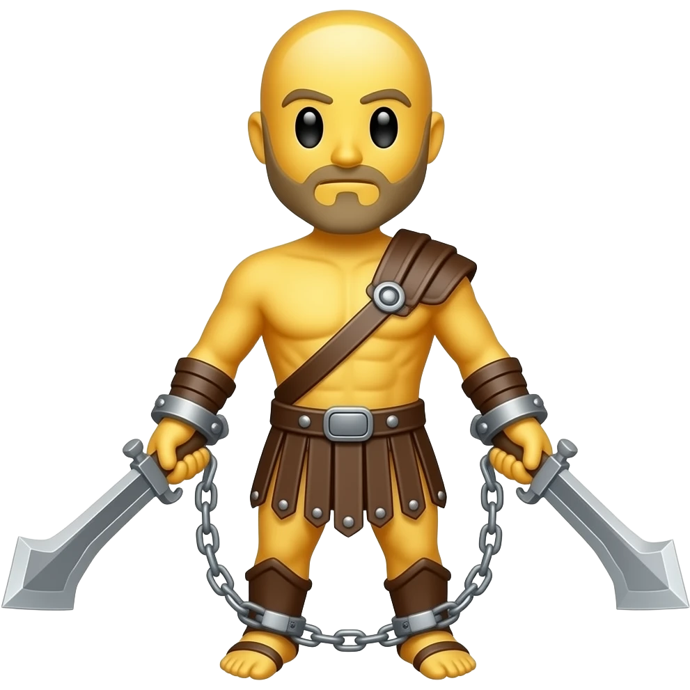 spartacus, minimal, full body, yellow skin, tipical emoji caracter style, more emojis style, more minimal, with weapons, more simplistic, emoji style, shackles on wrist with broken chains emoji