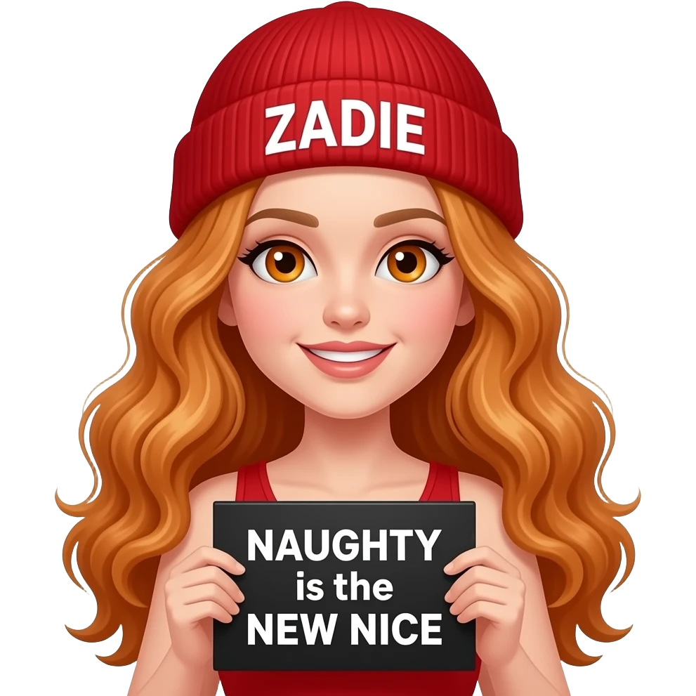 sexy girl with overlong wavy ginger hair and ginger eyes wearing a red tanktop and a red beanie with ZADIE written on it, is holding a black sign with NAUGHTY is the NEW NICE written on it emoji