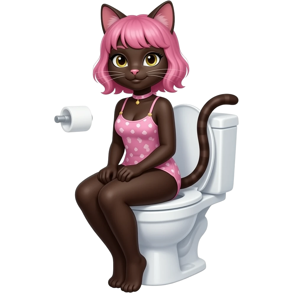 Female dark brown cat furry woman sit on toilet,pink hair emoji