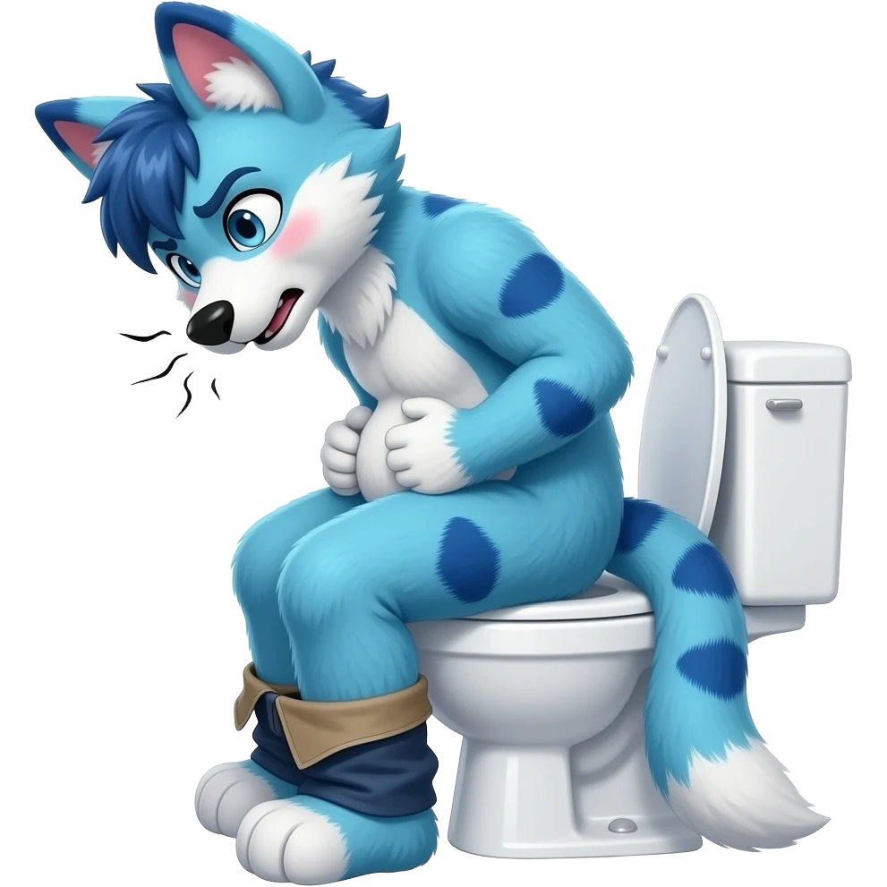 blue fursuit sitting on toilet, side view, pants down, straining face, blushing face, pain, pushing, both hands on stomach, discomfort, grunting emoji