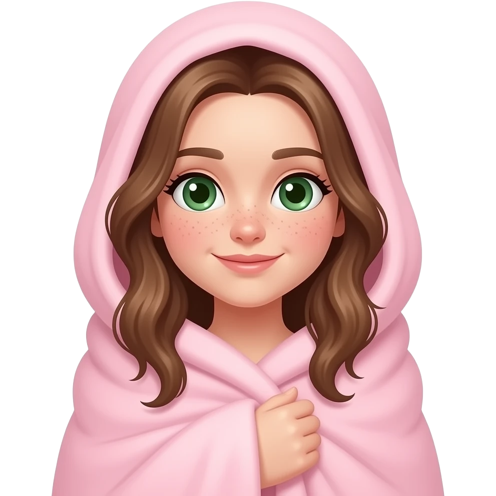 Brown wavy long hair green eyes cute face with freckles pretty girl covered with pastel pink blanket on head all body under blanket emoji