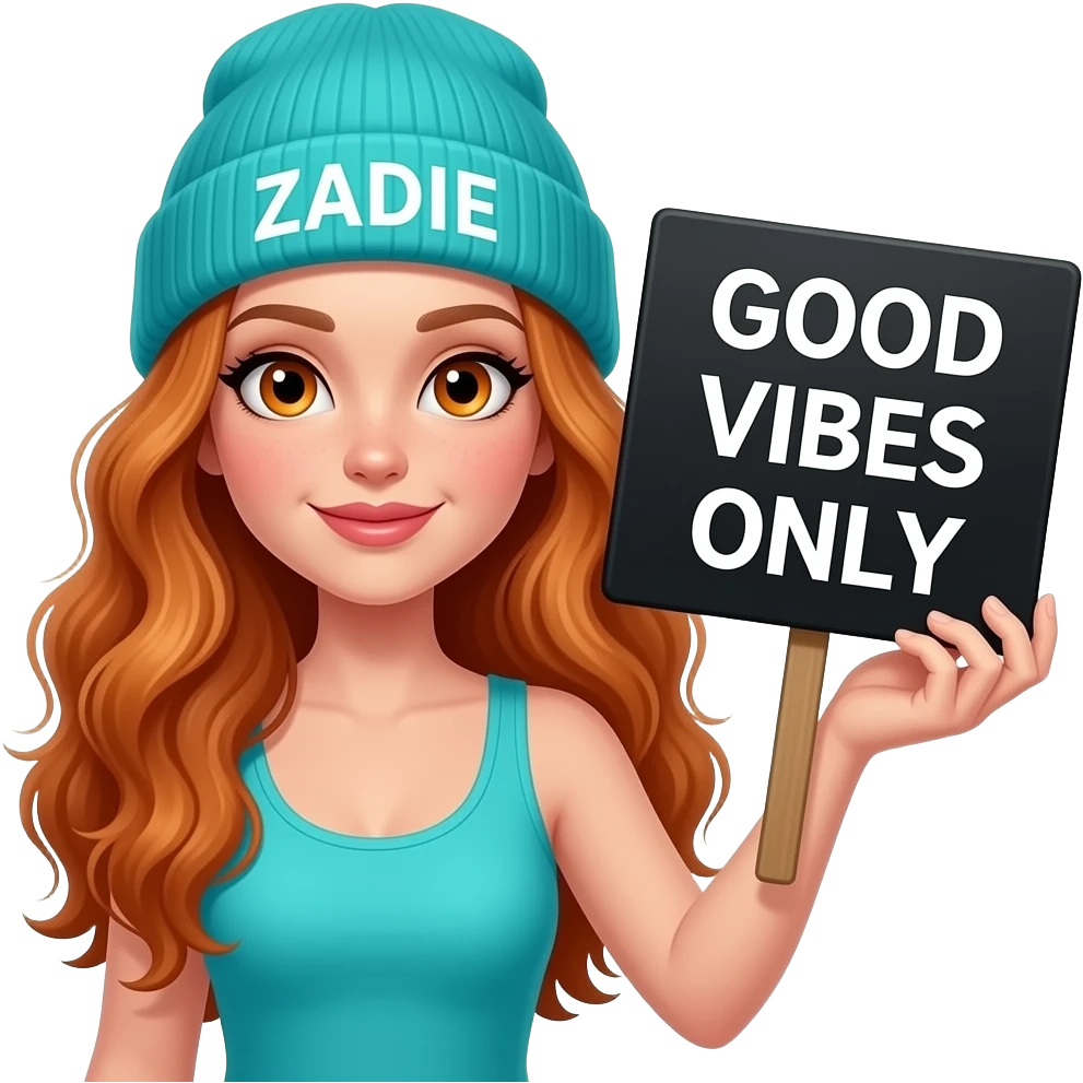 sexy girl with overlong wavy ginger hair and ginger eyes wearing a turquoise tanktop and a turquoise beanie with ZADIE written on it, is holding a black sign with GOOD VIBES ONLY written on it emoji