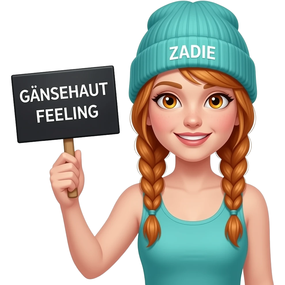 sexy girl with overlong ginger braids and ginger eyes wearing a turquoise tanktop and a turquoise beanie with ZADIE written on it, is holding a black sign with GÄNSEHAUT FEELING written on it emoji