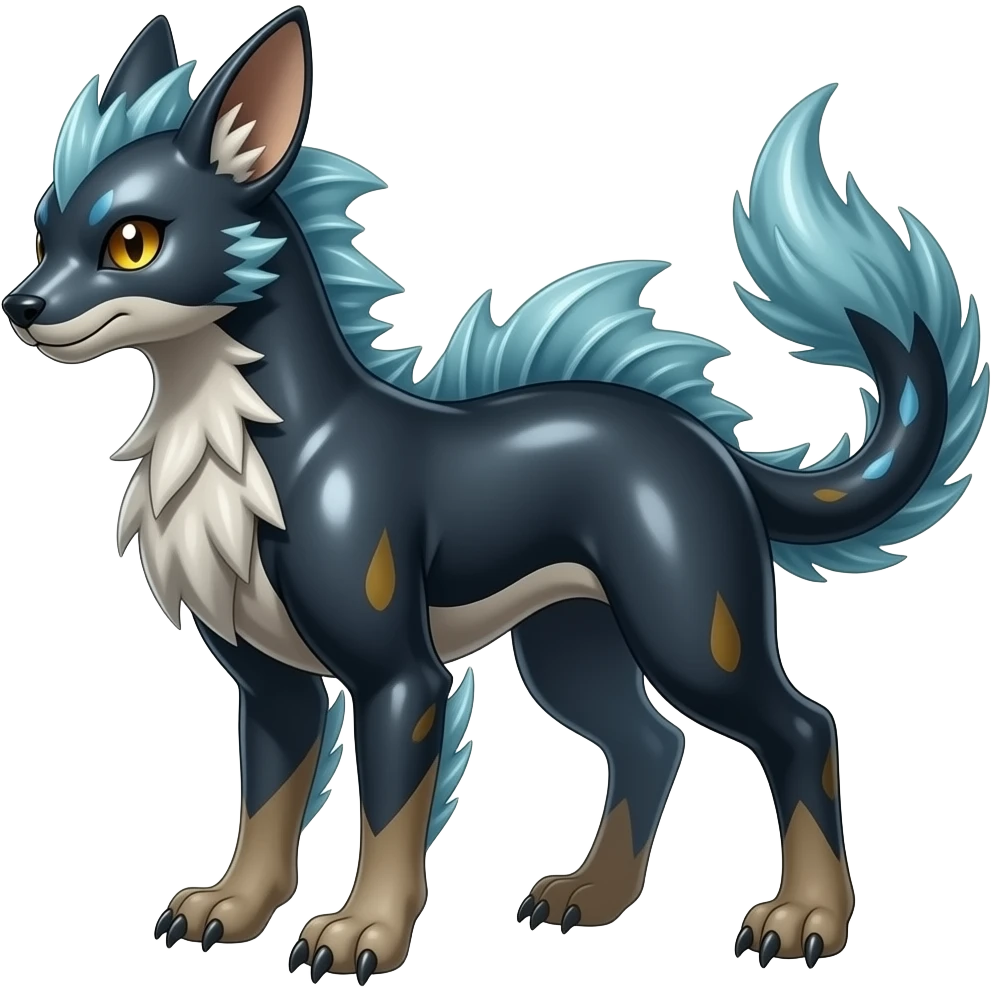 Quadrupedal digitigrade shiny glossy smooth finned frilled gothic tall slim unique epic legendary shiny edgy cool steampunk-cyberpunk-solarpunk-fantasy-Absol-Sprigatito-Vaporeon-Furret-Manectric-Mudkip-Fakémon-hybrid emoji