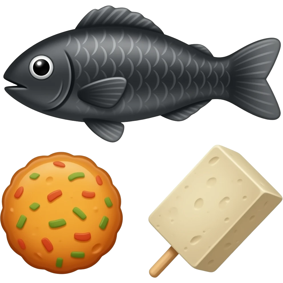 black triangle fish texture, orange fish patty, beige rectangular tofu on a spicy stick emoji