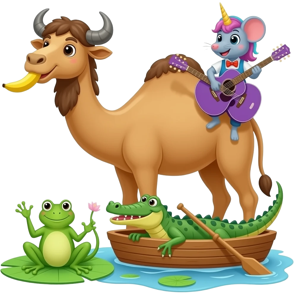🐫 Camel eat banana 🐃 Buffalo playing guitar 🐸 frog sitting Lily pad 🐊 ...