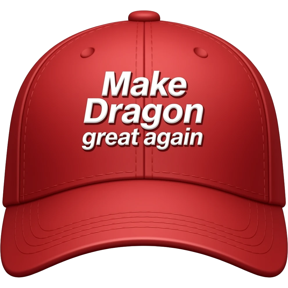 red baseball hat with " Make Dragon great again" logo emoji