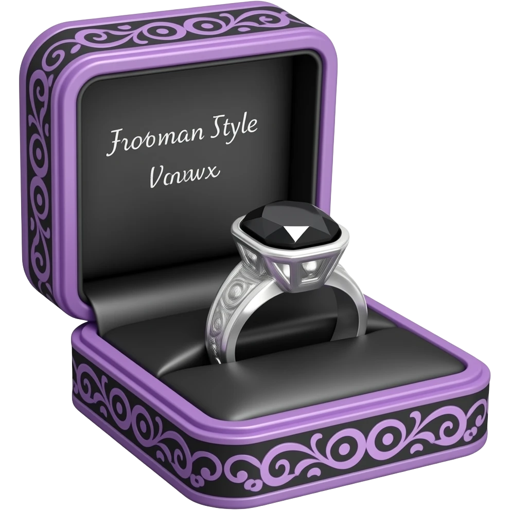 Obsidian gem woman's style ring in a black box with purple ornate trim emoji