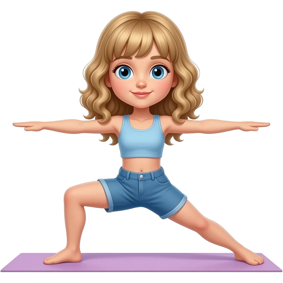 white kid blue eyes mid length hair to her shoulders with bangs soft curly hair to shoulders in color: middle to little darker blond. doing yoga emoji