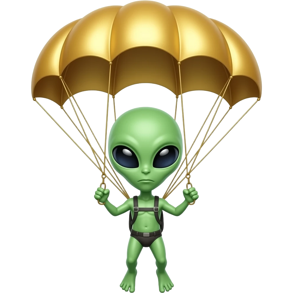 A  green alien is flying on a golden parachute emoji