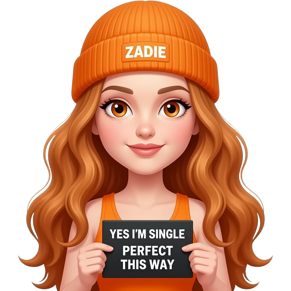 sexy girl with overlong wavy ginger hair and ginger eyes wearing a orange tanktop and a orange beanie with ZADIE written on it, is holding a black sign with YES I'M SINGLE and PERFECT this way written on it emoji
