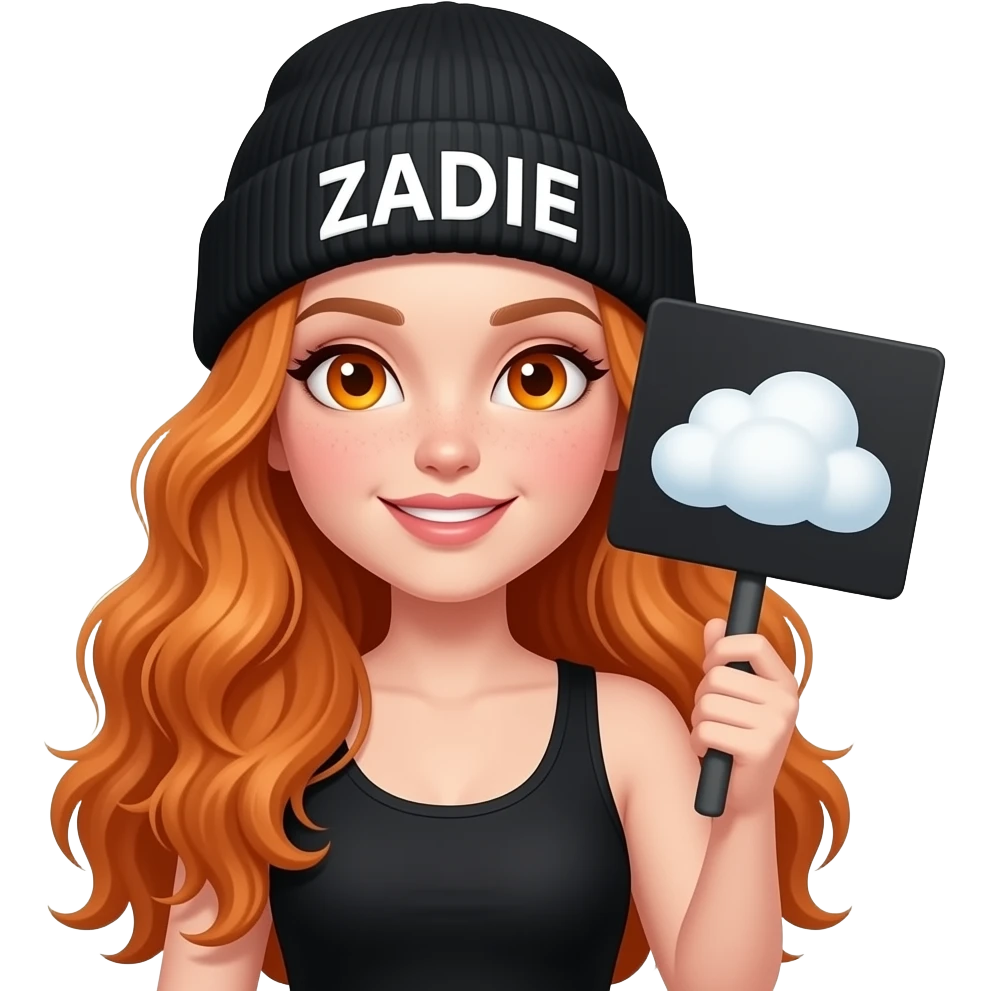 sexy girl with overlong wavy ginger hair and ginger eyes wearing a black tanktop and a black beanie with ZADIE written on it, is holding a black sign with ☁️ on it emoji