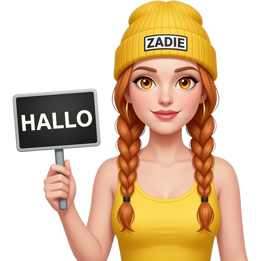 sexy girl with overlong ginger braids and ginger eyes wearing a yellow tanktop and a yellow beanie with ZADIE written on it, is holding a black sign with HALLO written on it emoji