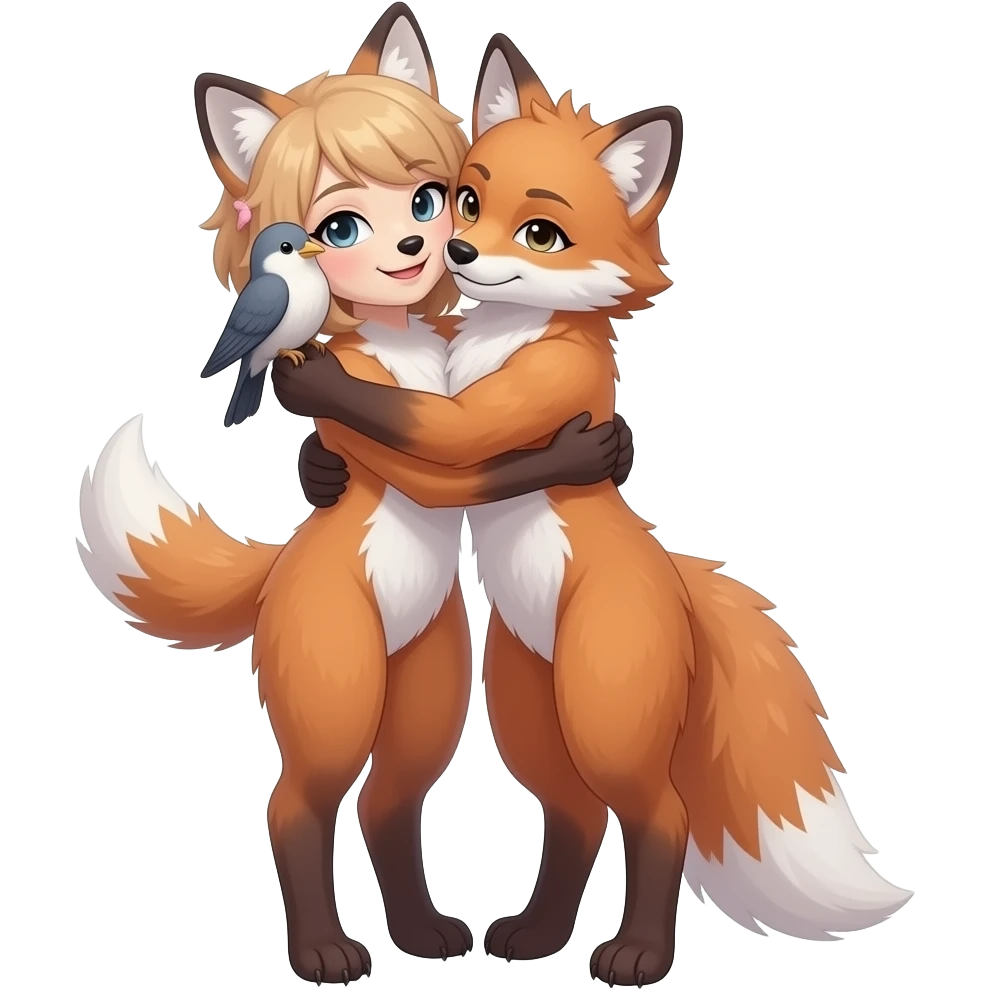 Female snow fox furry and a bird hugging,fursona emoji