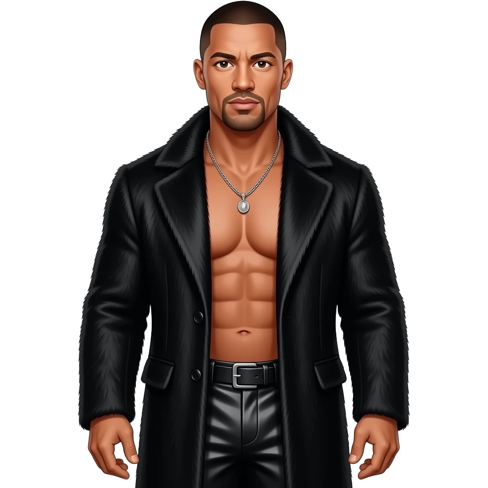 Dwayne Johnson with brown eyes, black buzz cut hair, black fur coat, black metallic baggy pants, shirtless with necklace emoji