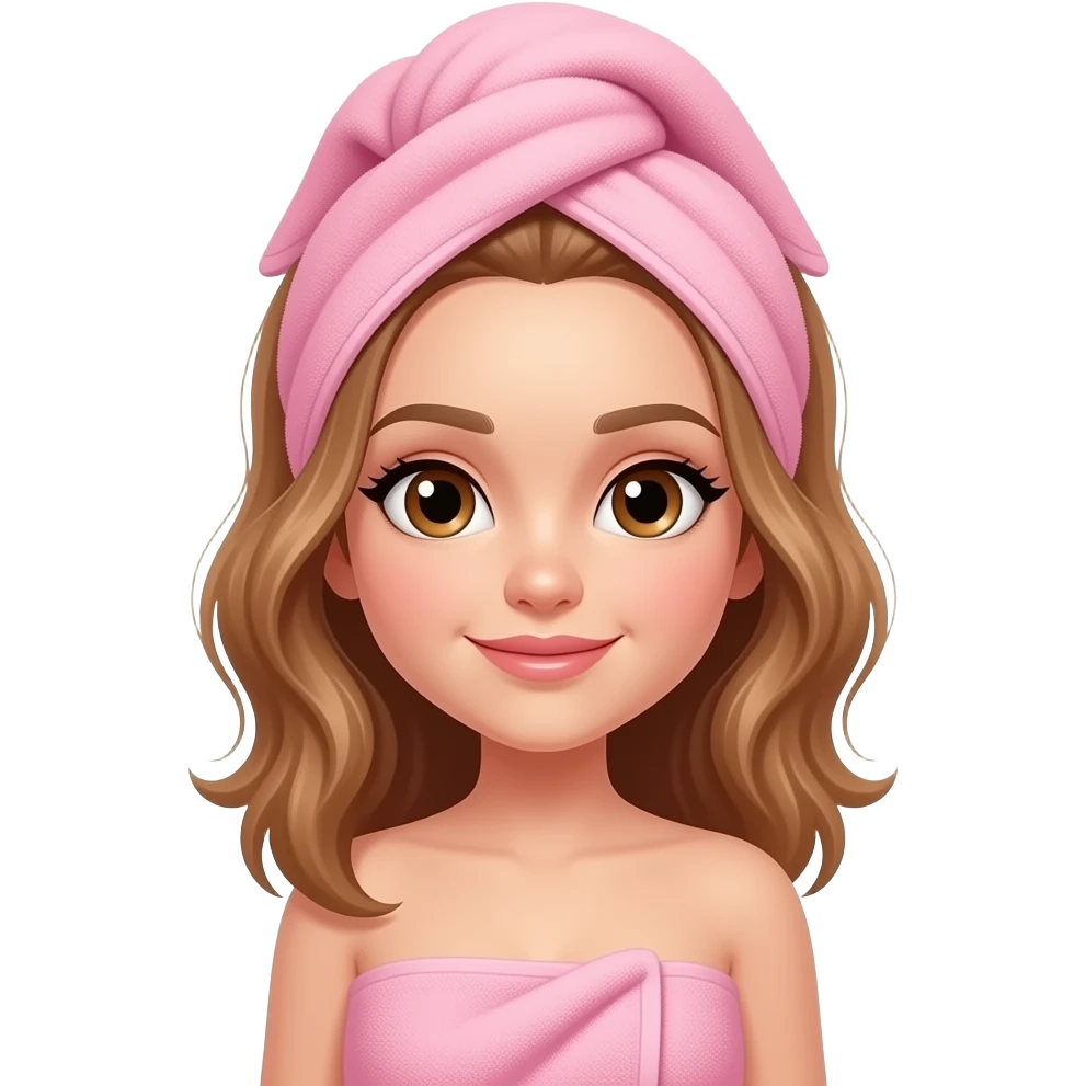 Clean girl influencer character, chest-up portrait, wearing a pink towel wrapped around the head, light bronze hair, soft light emoji