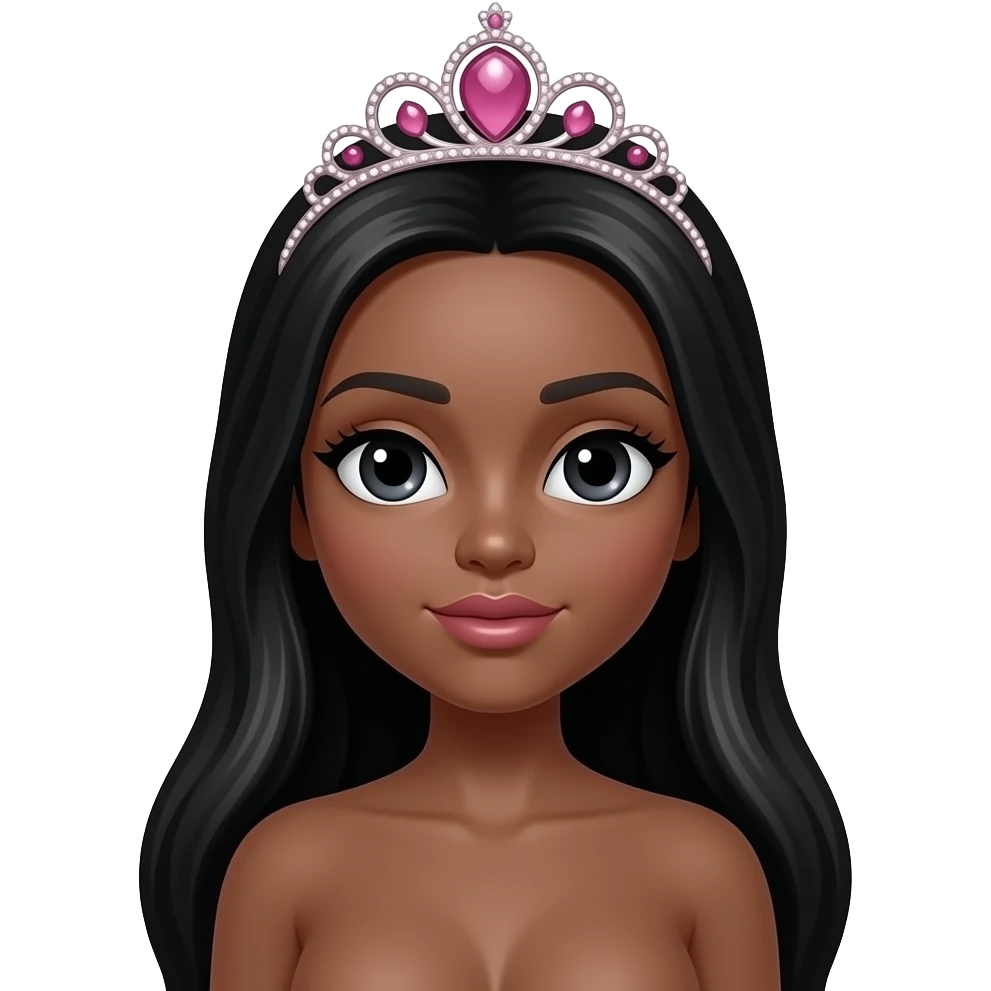 pink tiara, doll eyes, Doll, big chest, dark brown skin, with middle part long black hair, black cute eyes, with cute lip, without no bra emoji