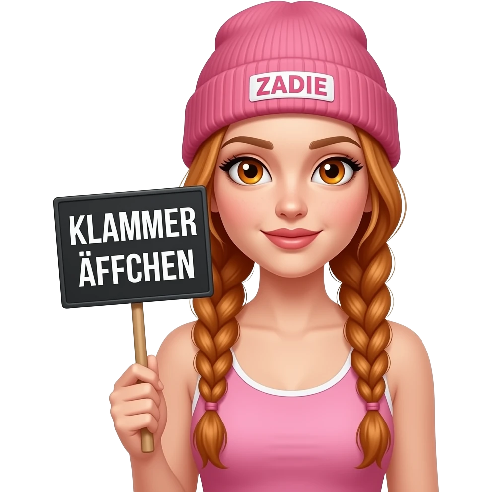 sexy girl with overlong ginger braids and ginger eyes wearing a pink tanktop and a pink beanie with ZADIE written on it, is holding a black sign with KLAMMER ÄFFCHEN written on it emoji