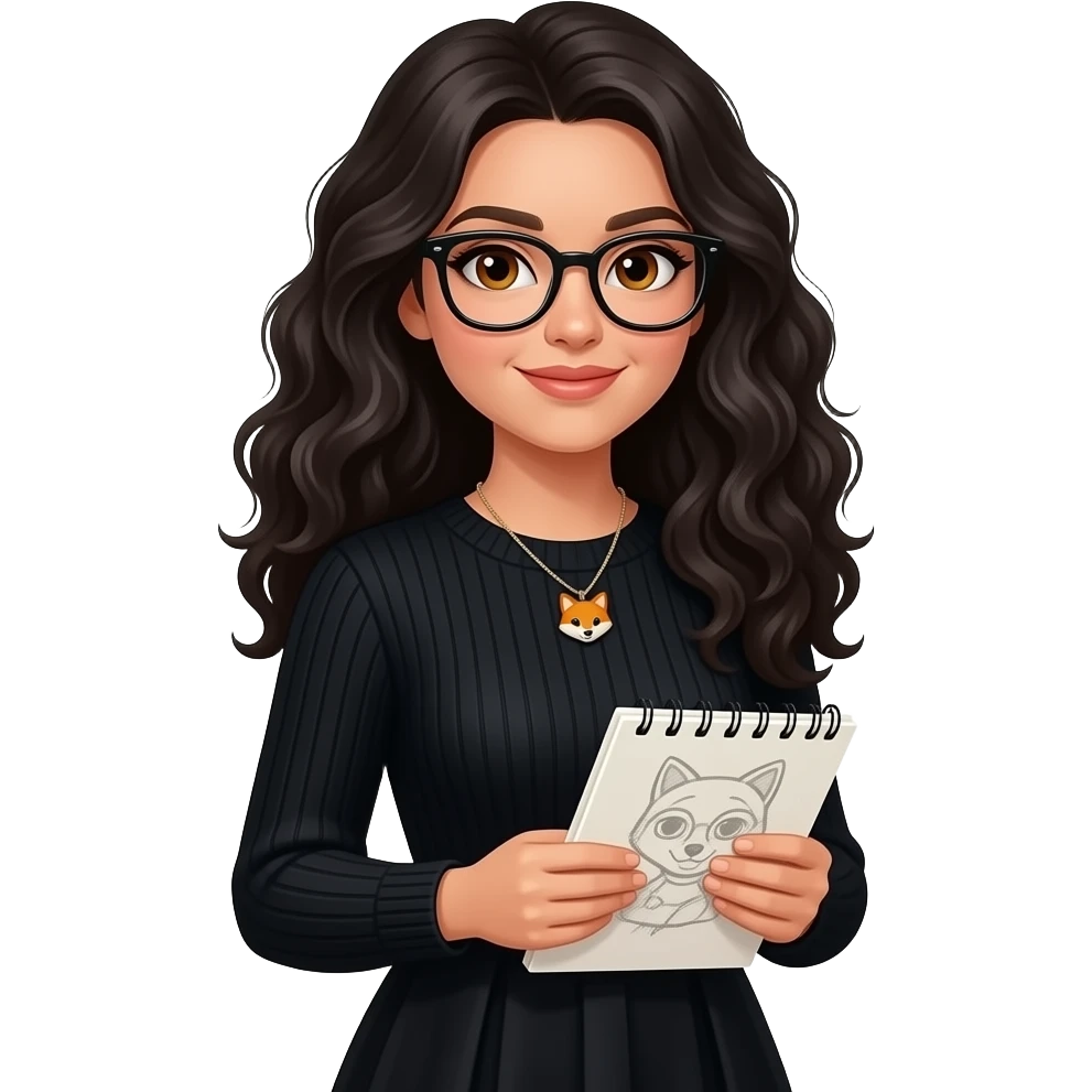 Realisting woman sexy posing elegant black sweater dress with a fox charm necklace model ai wearing glasses with honey colored eyes, Italian  and long curly black hair with a sketchbook emoji
